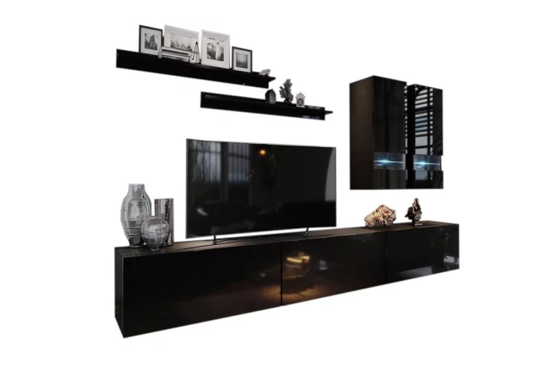 Mobilă sufragerie ELPASO 1 + LED, negru/negru luciu